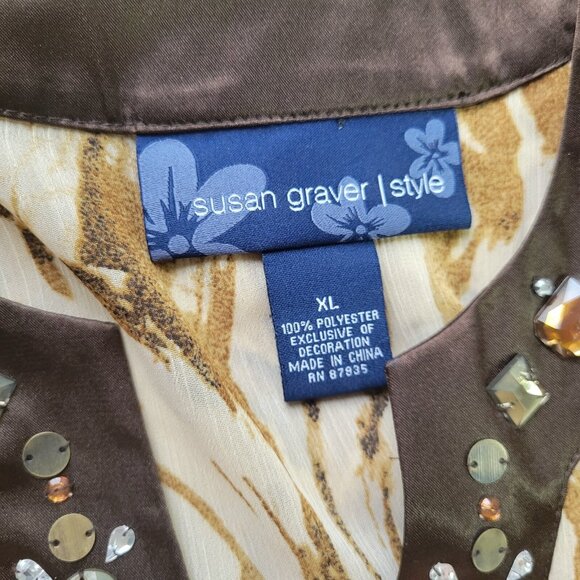 Susan Graver QVC Womens Top Brown Tan Animal Print Beaded Sheer ANI47E - Picture 9 of 9